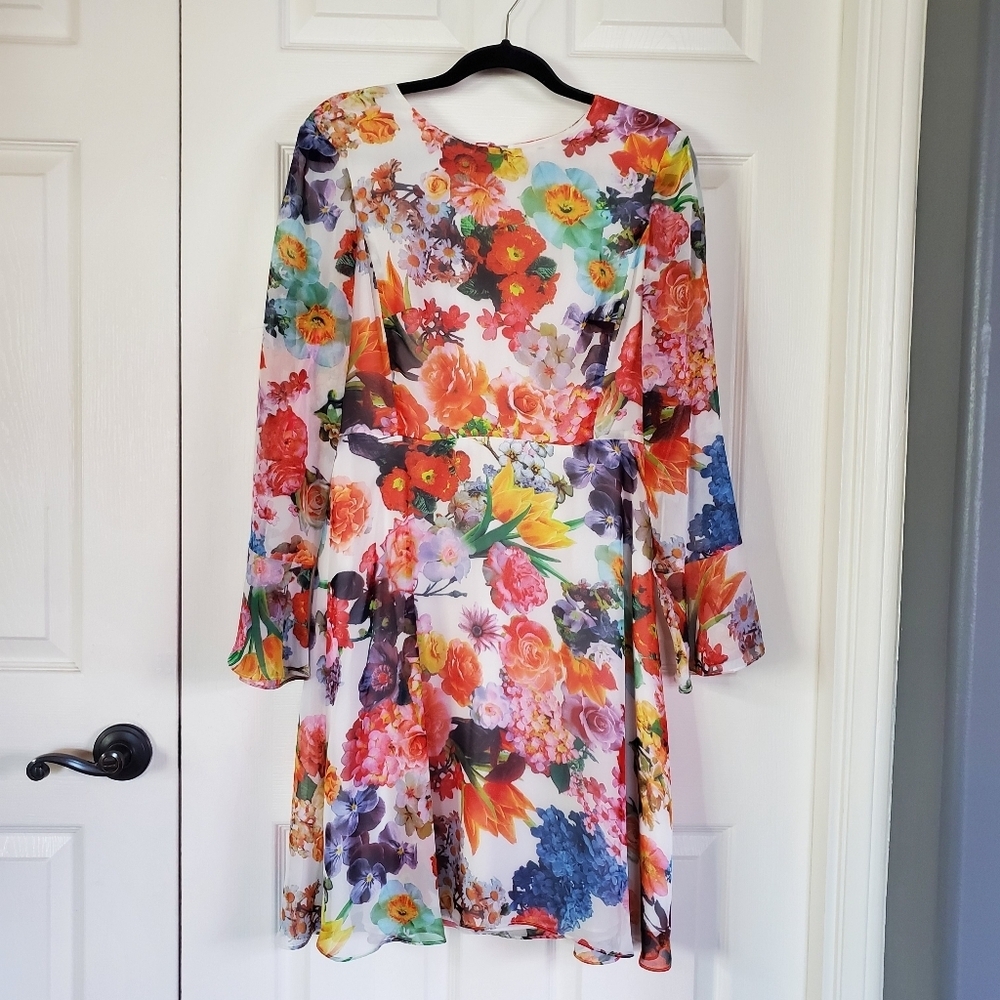 Betsey Johnson Floral Long Sleeves Midi Dress Flutter Back Ties Sze 8 Multicolor